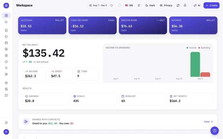Money Diary dashboard — Aurora Light theme