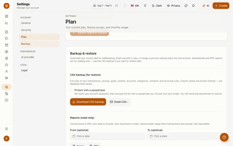 Settings backup page showing CSV backup and restore options
